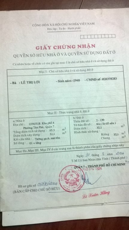 Bán nhà hẻm 1056 Huỳnh Tấn Phát, quận 7 TPHCM